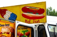 Red white and blue pop, hot dog. Vernacular hand-painted food truck signage, National Mall, Washington, D.C. Red white and blue pop, hot dog. Vernacular hand-painted food truck signage, National Mall, Washington, D.C.