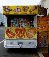 Hot dog, pizza, pretzel, egg roll, pizza. Vernacular hand-painted food truck signage, National Mall, Washington, D.C. Hot dog, pizza, pretzel, egg roll, pizza. Vernacular hand-painted food truck signage, National Mall, Washington, D.C.