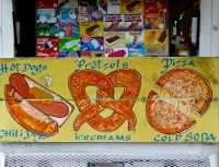 Hot dogs, pretzels, pizza. Vernacular hand-painted food truck signage, National Mall, Washington, D.C.