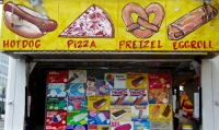Hot dog, pizza, pretzel, eggroll. Vernacular hand-painted food truck signage, National Mall, Washington, D.C.