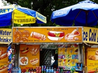 Decorated food truck with umbrellas. Vernacular hand-painted food truck signage, National Mall, Washington, D.C. Decorated food truck with umbrellas. Vernacular hand-painted food truck signage, National Mall, Washington, D.C.