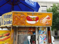 Pretzel, beef hot dog, pizza. Vernacular hand-painted food truck signage, National Mall, Washington, D.C.