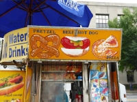 Pretzel, beef hot dog, pizza. Vernacular hand-painted food truck signage, National Mall, Washington, D.C. Pretzel, beef hot dog, pizza. Vernacular hand-painted food truck signage, National Mall, Washington, D.C.