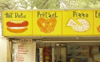 Hot dogs, pretzel, pizza. Vernacular hand-painted food truck signage, National Mall, Washington, D.C.