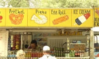 Pretzel, pizza, egg roll, ice cream. Vernacular hand-painted food truck signage, National Mall, Washington, D.C.