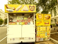 Hot dog, egg roll, pizza, pretzel. Vernacular hand-painted food truck signage, National Mall, Washington, D.C.