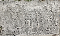 FIgure approaches seated Mesoamerican skeleton. Chicago lakefront stone carvings between Foster Avenue and Bryn Mawr. 2013 FIgure approaches seated Mesoamerican skeleton. Chicago lakefront stone carvings between Foster Avenue and Bryn Mawr. 2013