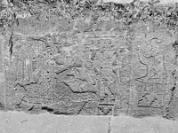 Mesoamerican scene with reclining and standing figures. Chicago lakefront stone carvings between Foster Avenue and Bryn Mawr. 2022