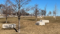 Former revetment rocks repurposed for decoration and seating in Lincoln Park near Fullerton Avenue