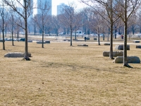 Former revetment rocks repurposed for decoration and seating in Lincoln Park near Fullerton Avenue