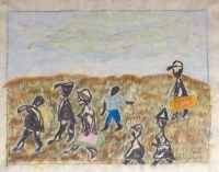 "Moving In," figures walking across field, Harvey Ford, 1/20/92, Stateville Prison, Illinois, watercolor, charcoal, paper