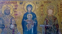 Emperor John II Komnenos, Virgin and child and Empress Irene, 12th Century. They are donating money to Hagia Sophia