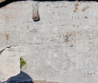 Autograph rock: K.S. The Great, ET, CAS, PD, 03 C BW, Lard. Chicago lakefront stone carvings, south end of 63rd Street Beach. 2018