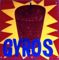 A gyros sign with a burst behind the cone