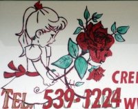 Sign drawing of girl holding a large rose, Tito's Flowers and Gifts Sign drawing of girl holding a large rose, Tito's Flowers and Gifts