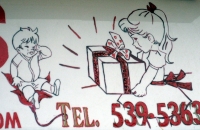 Sign drawing of girl giving fancy gift to little boy, Tito's Flowers and Gifts Sign drawing of girl giving fancy gift to little boy, Tito's Flowers and Gifts