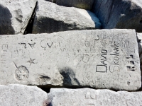 Autograph rock with cross and star, David Skolnik, Rob, 1935. Chicago lakefront stone carvings, behind La Rabida Hospital, 65th Street and the Lake. 2018
