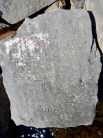 Autograph rock: 1961, Ozzie, J.M., Tommy, DC, LS, monogram, others. Chicago lakefront stone carvings, behind La Rabida Hospital, 65th Street and the Lake. 2018