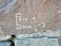 Pete + Debbie, detail. Chicago lakefront stone carvings, behind La Rabida Hospital, 65th Street and the Lake. 2018