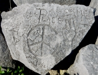 Peace rock. Chicago lakefront stone carvings, behind La Rabida Hospital, 65th Street and the Lake. 2018