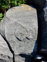 Twin hearts with arrow, Elm T., John, HRF. Chicago lakefront stone carvings, behind La Rabida Hospital, 65th Street and the Lake. 2018