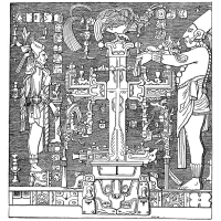 Maya bird deity from the Temple of the Foliated Cross at Palenque. 19th centiury drawing, apparently reversed. Maya bird deity from the Temple of the Foliated Cross at Palenque. 19th centiury drawing, apparently reversed.