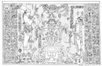 Panel, Temple of the Foliated Cross at Palenque (image and flanking text panels). 1975 drawing by Linda Schele, from the Schele Drawing Collection at LACMA. At left, K'inich Kan B'alam II stands on a flowering Witz ("mountain") while holding a Jester God figurine. On the right, a smaller person stands on a shell glyphically identified as the supernatural location "Matawil." At center, a World Tree, embellished with jewels and Maize God heads, grows from a Waterlily Monster. Itzam-Ye (the Celestial Bird) perches atop the tree. Panel, Temple of the Foliated Cross at Palenque (image and flanking text panels). 1975 drawing by Linda Schele, from the Schele Drawing Collection at LACMA. At left, K'inich Kan B'alam II stands on a flowering Witz ("mountain") while holding a Jester God figurine. On the right, a smaller person stands on a shell glyphically identified as the supernatural location "Matawil." At center, a World Tree, embellished with jewels and Maize God heads, grows from a Waterlily Monster. Itzam-Ye (the Celestial Bird) perches atop the tree.
