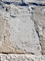 Autograph rock with Stash, Diana, Mike, Christ and many more. Chicago lakefront stone carvings, between 45th Street and Hyde Park Blvd. 2018