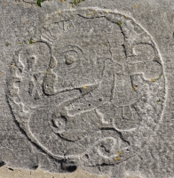 Mesoamerican skull. Chicago lakefront stone carvings between Foster Avenue and Bryn Mawr. 2013