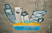 Cartoon Chicago skyline. Chicago lakefront paintings, between Foster Avenue and Bryn Mawr. Before 2003