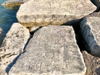 Bob, Dov, ML,BH. Chicago lakefront stone carvings, Promontory Point. 2018