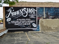 The Money Shot Restaurant & Lounge, Lincoln Avenue at Fairfield. Love the framentary skyline mural, and the typography