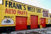 Side view of main building with wall paintings. Frank's West Side Auto Parts, Kedzie at 30th Street
