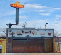 Storefront and painted sign with fast-food items. Harper's Grill, Kedzie Avenue at 31st
