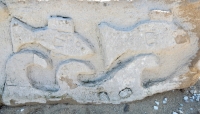 Mermaid, fish detail. Chicago lakefront stone carvings, originally at 39th Street, saved and relocated to Oakwood Beach. 2019