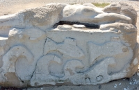 Mermaid and fish. Chicago lakefront stone carvings, originally at 39th Street, saved and relocated to Oakwood Beach. 2019