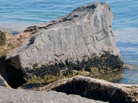 Lefty, RO, others. Chicago lakefront stone carvings, south of La Rabida Hospital. 2023