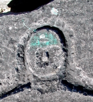 Massive figure, with enhancements, detail. Lost. Chicago lakefront stone carvings, south of Montrose Harbor. 2003