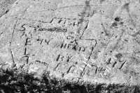 Smelt Fish Ahead "44" By C.C. 74, 7-4 47. Aron Packer photo. Chicago lakefront stone carvings, Montrose Harbor. 1989