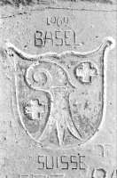 Basel shield, 1969. Aron Packer photo. Chicago lakefront stone carvings, Montrose Harbor. 1987.