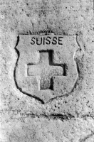 Swiss shield. Aron Packer photo. Chicago lakefront stone carvings, Montrose Harbor. 1989