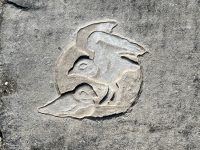 Monty and Rose, the piping plovers, carved by Don Di Sante in 2022, in progress. Chicago lakefront stone carvings, Montrose Point. 2022