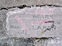 September 11, 1971, Mark Loves Karen, Candida, J.F. carving, detail. Chicago lakefront stone drawings, south of Montrose Harbor. 2003 September 11, 1971, Mark Loves Karen, Candida, J.F. carving, detail. Chicago lakefront stone drawings, south of Montrose Harbor. 2003