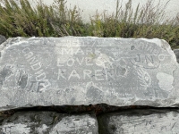 September 11, 1971, Mark Loves Karen, Candida, J.F. carving, later state. Chicago lakefront stone drawings, south of Montrose Harbor. 2023 September 11, 1971, Mark Loves Karen, Candida, J.F. carving, later state. Chicago lakefront stone drawings, south of Montrose Harbor. 2023