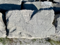 Blanca y Jando, and Mayra y Jose, two hearts. Chicago lakefront stone carvings, south of Montrose Harbor. 2021