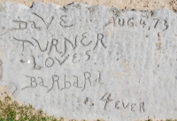 August 4, 1973, Dave Turner Loves Barbara 4 Ever. Chicago lakefront stone carvings, Montrose Dog Beach. 2017