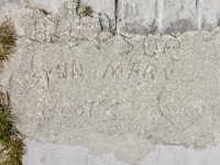 Sue, Lynn, Mary, Boots, heart with Love written in it. Chicago lakefront stone carvings, Montrose Beach. 2019