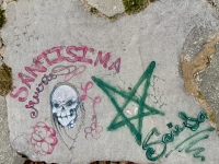 71, LS + CHI; skull, stars, Santisima, Sausu. Chicago lakefront stone carvings and pictures, Montrose Beach. 2019 71, LS + CHI; skull, stars, Santisima, Sausu. Chicago lakefront stone carvings and pictures, Montrose Beach. 2019