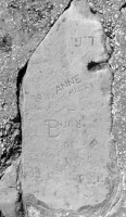 Autograph rock: Anne, Marty, Ruth, L.G., and many more, plus a face to the left of Anne. Chicago lakefront stone carvings, between 45th Street and Hyde Park Blvd. 2019