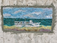 Mosaic of the Silver Spray by Mame Maloney. The Silver Spray is the ship whose wreckage is just offshore at Morgan Shoal. Chicago lakefront pictures between 45th Street and Hyde Park Blvd. 2023
